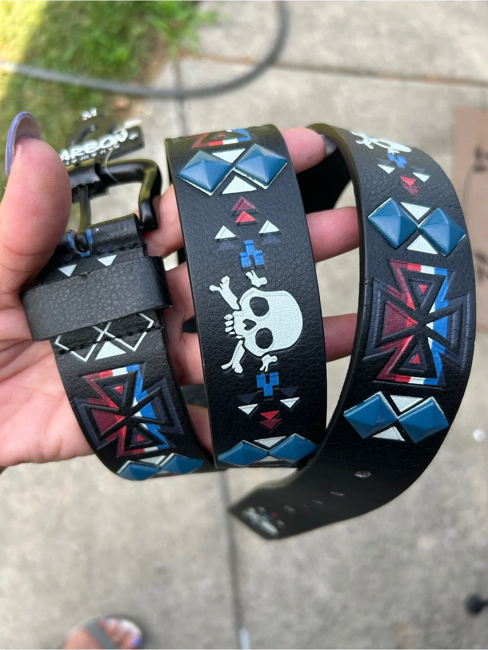 Carbon Black Studded Leather Belt with Blue and Red Accents